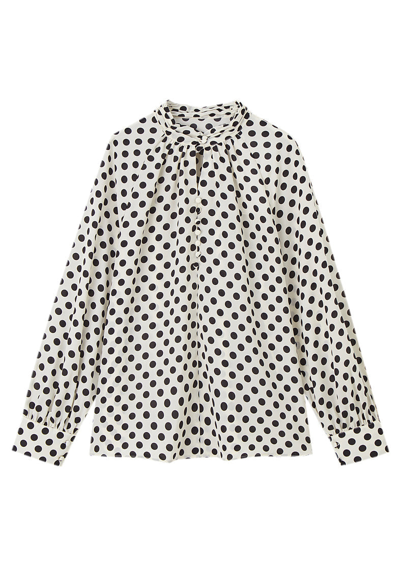 Elegant Beige Stand Collar Dot Print Chiffon Shirts Long Sleeve