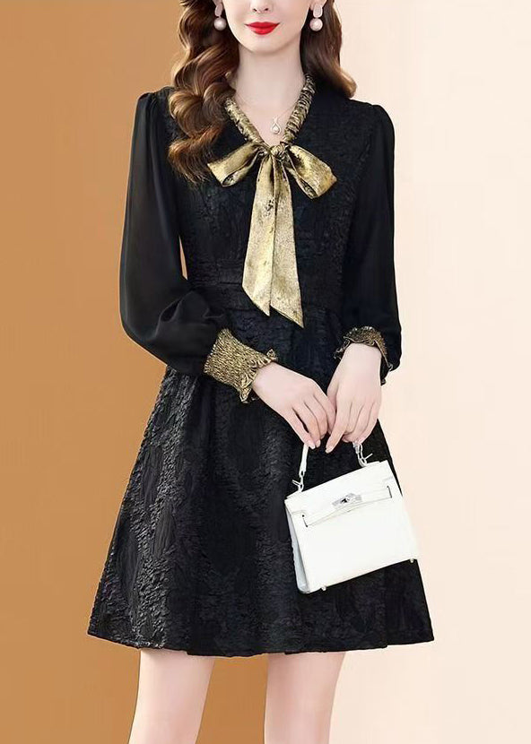 Elegant Black Bow Pockets Patchwork Dresses Winter