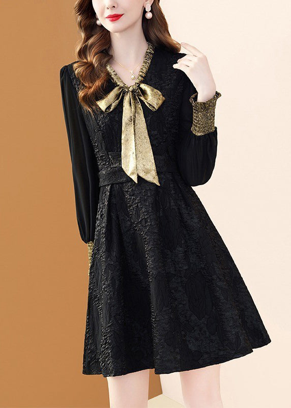 Elegant Black Bow Pockets Patchwork Dresses Winter