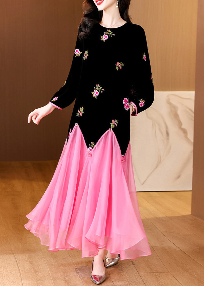 Elegant Black Embroidered Patchwork Silk Velvet Long Dress Spring