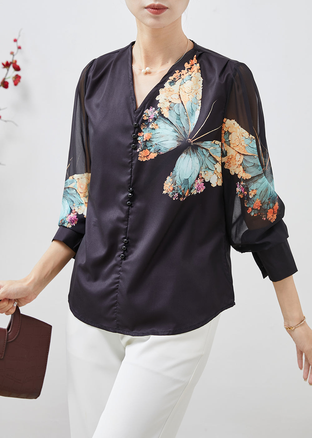 Elegant Black V Neck Butterfly Silk Blouses Spring