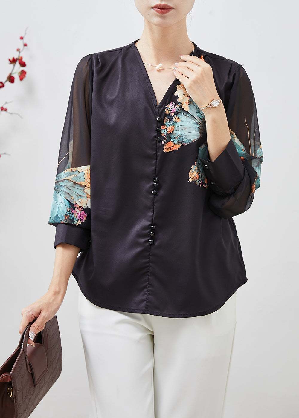 Elegant Black V Neck Butterfly Silk Blouses Spring