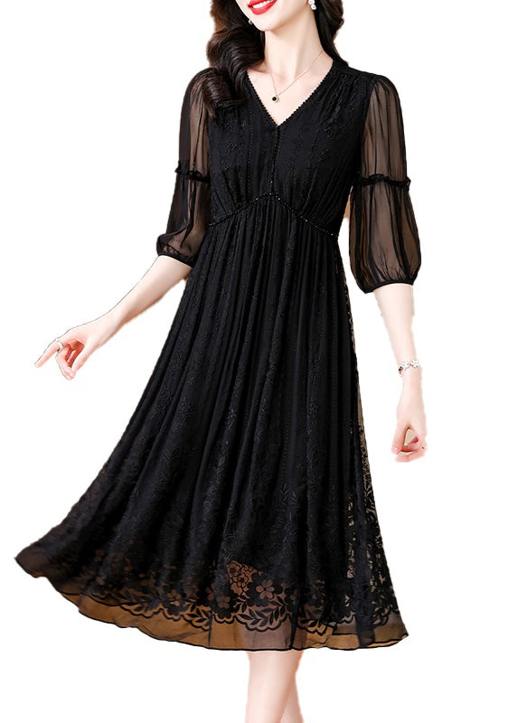 Elegant Black V Neck Embroidered Wrinkled Silk Dress Summer