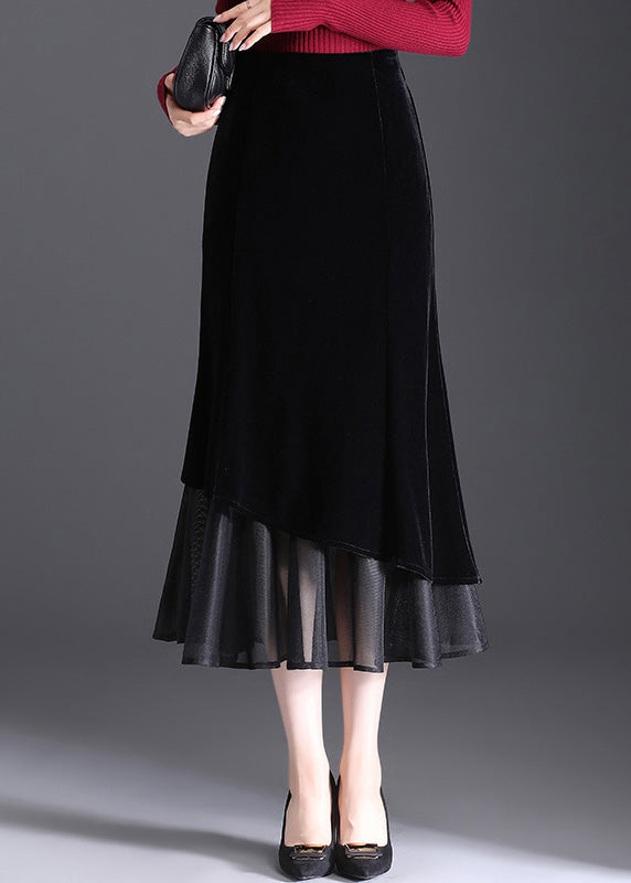 Elegant Black Zippered Elastic Waist Velvet Fishtail Skirts Spring