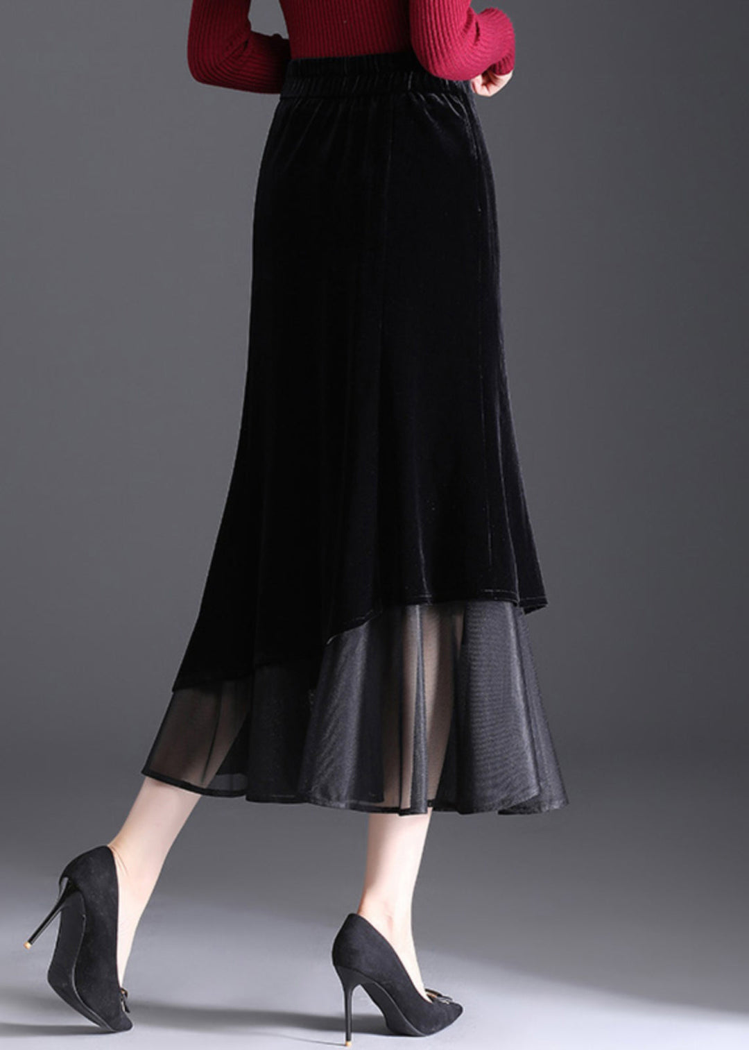 Elegant Black Zippered Elastic Waist Velvet Fishtail Skirts Spring