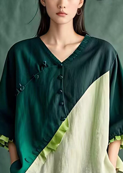 Elegant Blackish Green Button Patchwork Linen Top Butterfly Sleeve