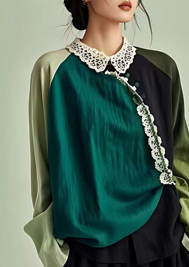 Elegant Blackish Green Peter Pan Collar Hollow Out Linen Blouse Long Sleeve