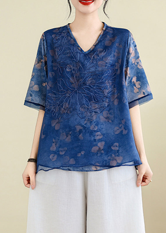 Elegant Blue Embroidered Floral T Shirts Summer