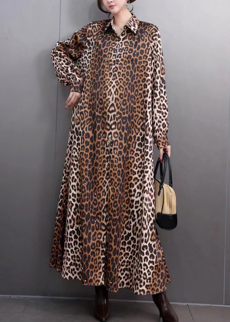 Elegant Blue Leopard Peter Pan Collar Maxi Shirts Dress Spring