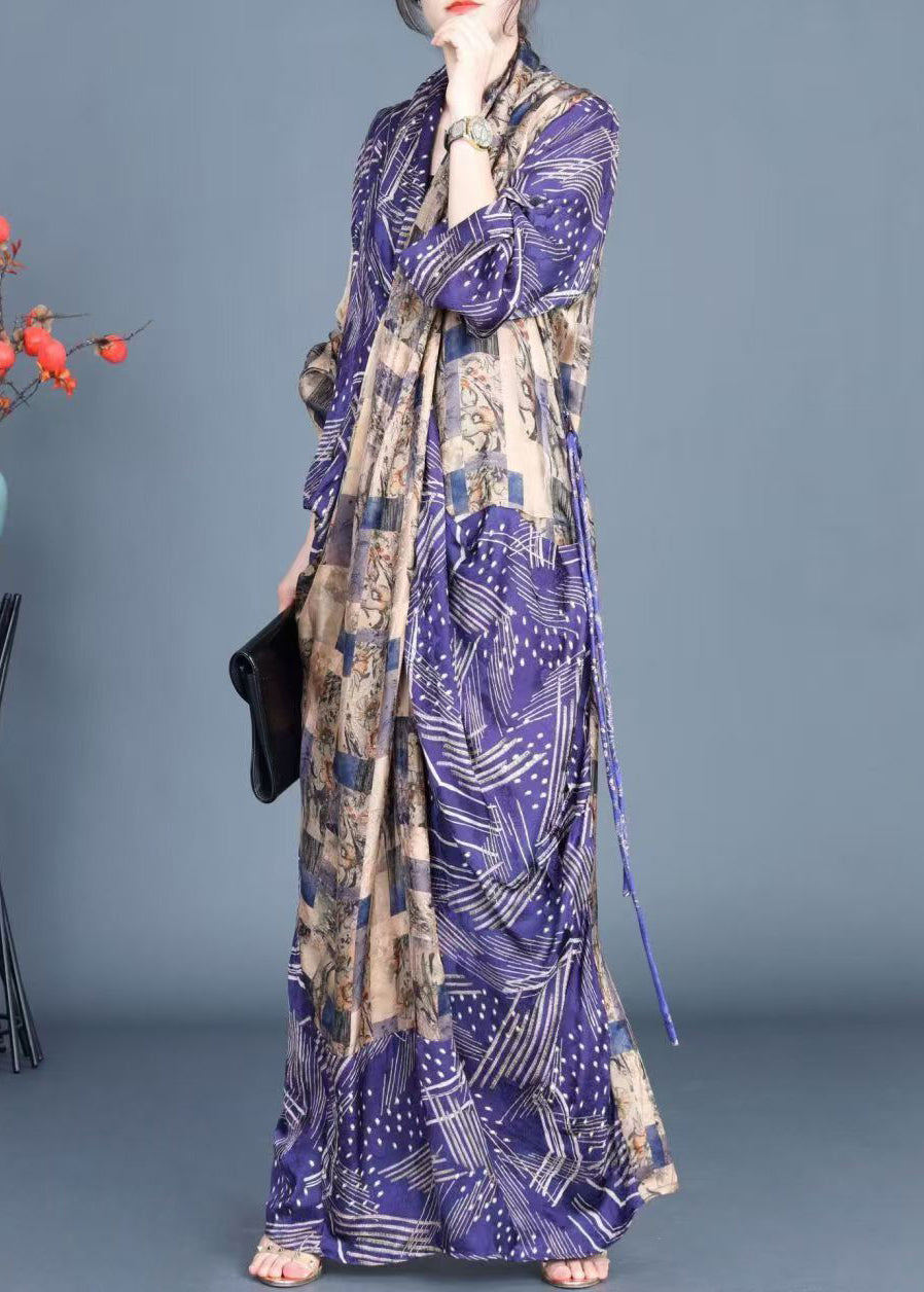 Elegant Blue Print Side Open Tie Waist Silk Long Dress Fall