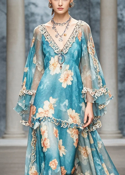 Elegant Blue Ruffled Print Chiffon Long Dress Fall