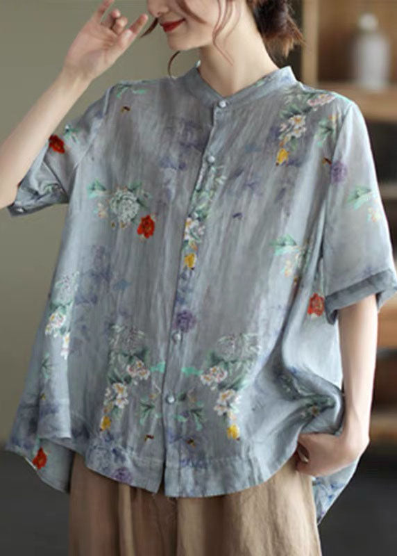 Elegant Colorful Geometry Stand Collar Print Tops Half Sleeve