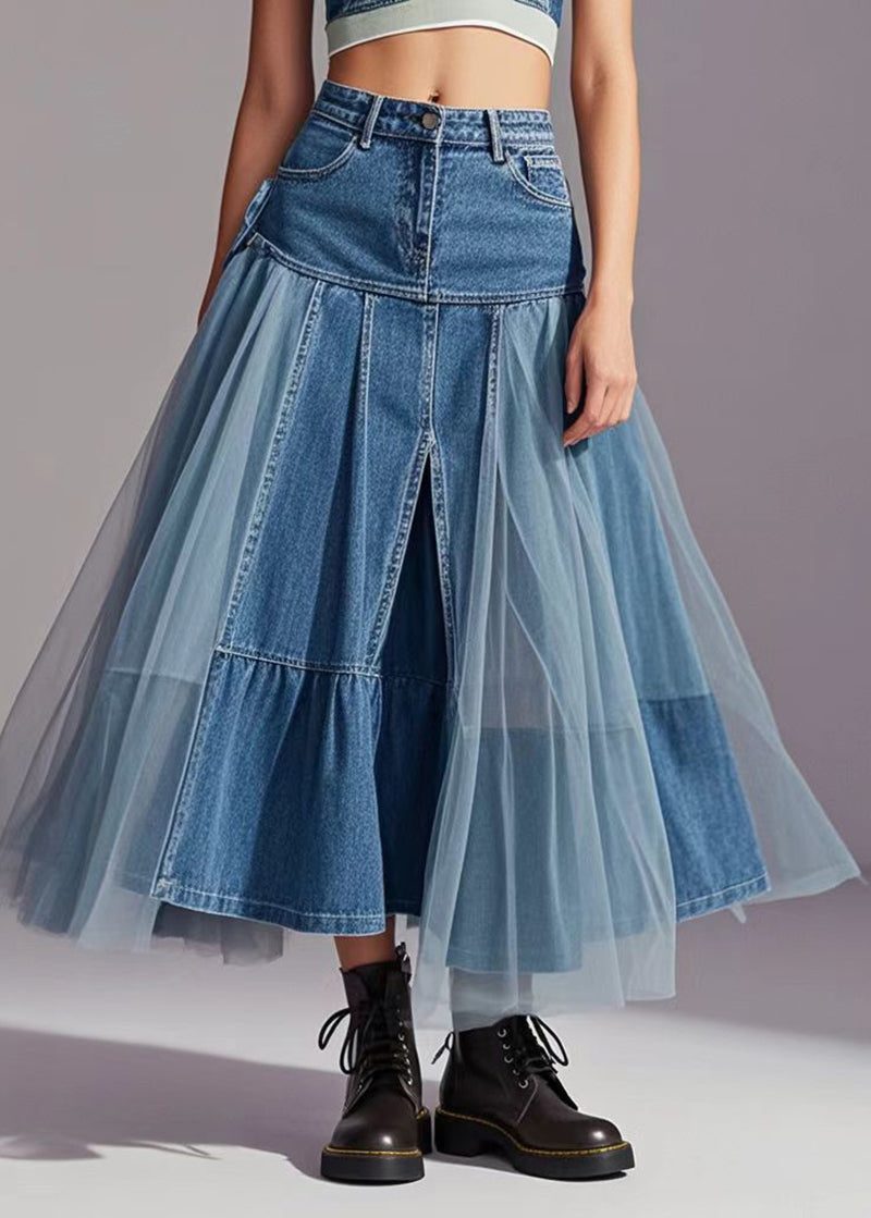 Elegant Blue Tulle Patchwork Exra Large Hem Denim Skirts Spring