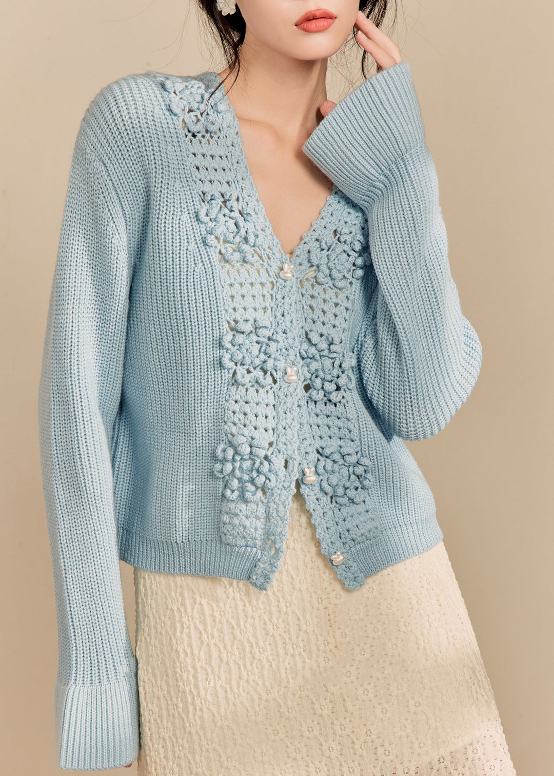 Elegant Blue V Neck Hollow Out Knit Cardigan Fall