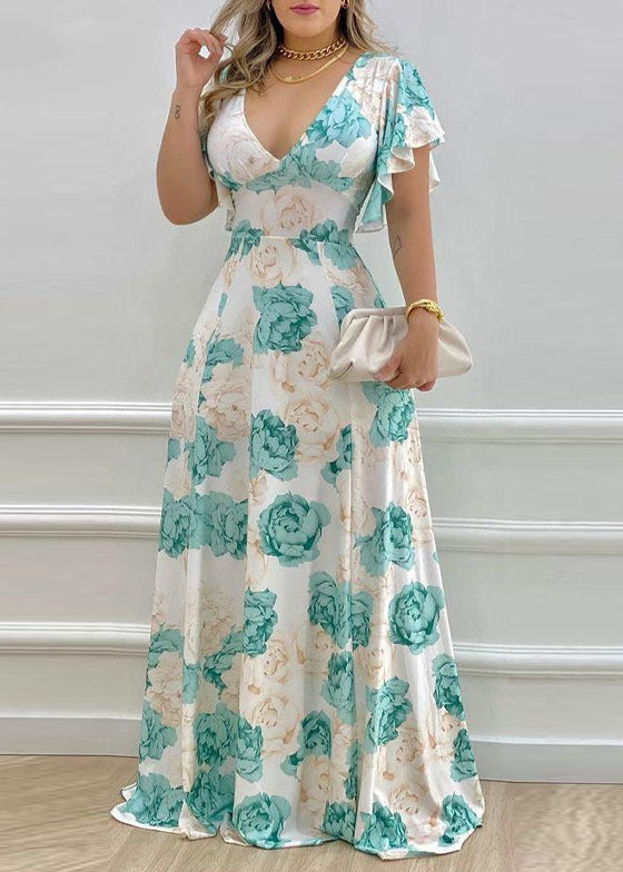 Elegant Blue V Neck Print Cotton Maxi Dresses Petal Sleeve