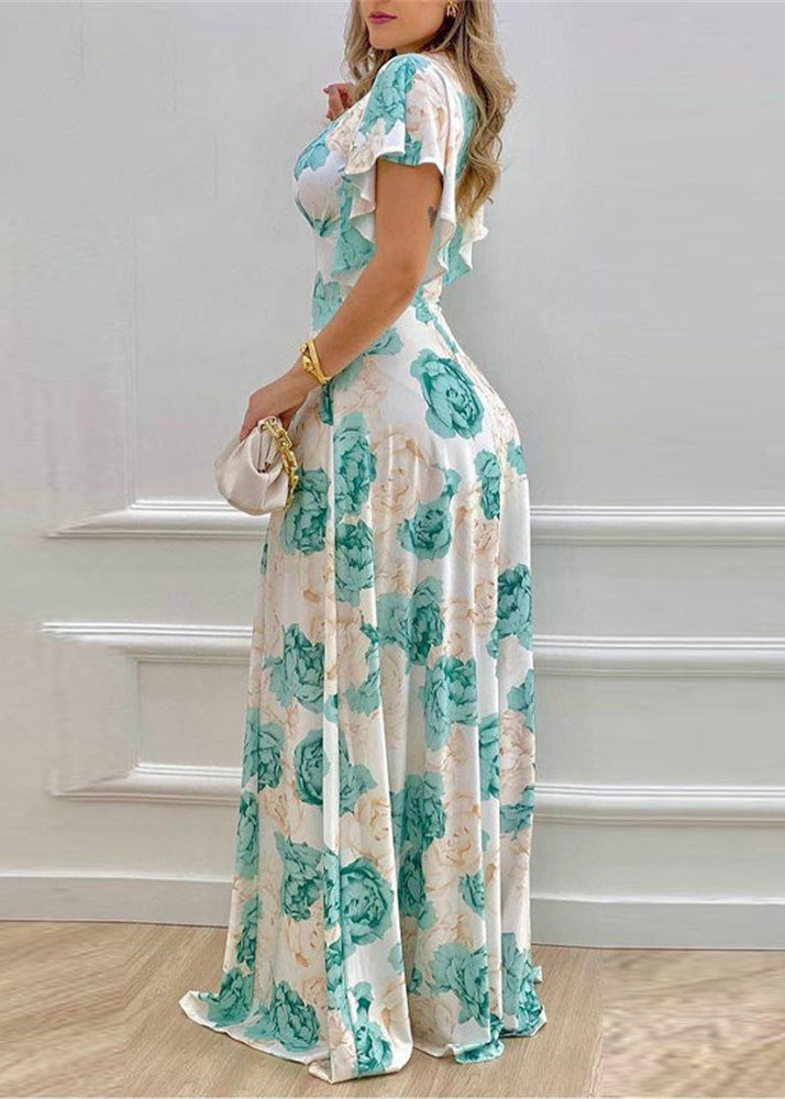 Elegant Blue V Neck Print Cotton Maxi Dresses Petal Sleeve