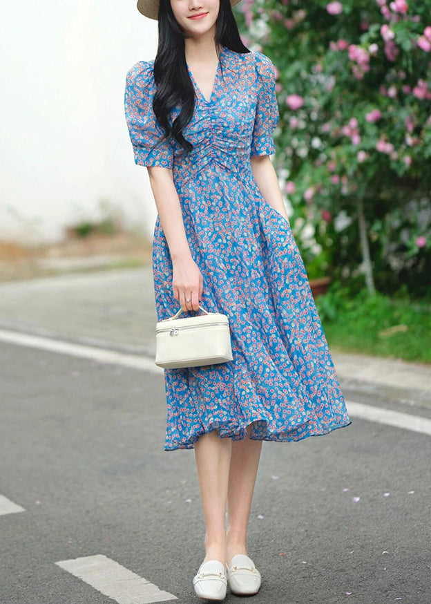 Elegant Blue V Neck Print Pockets Cotton Dress Summer