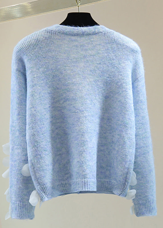 Elegant Blue V Neck Sequins Nail Bead Tassel Cotton Knit Sweater Tops Winter