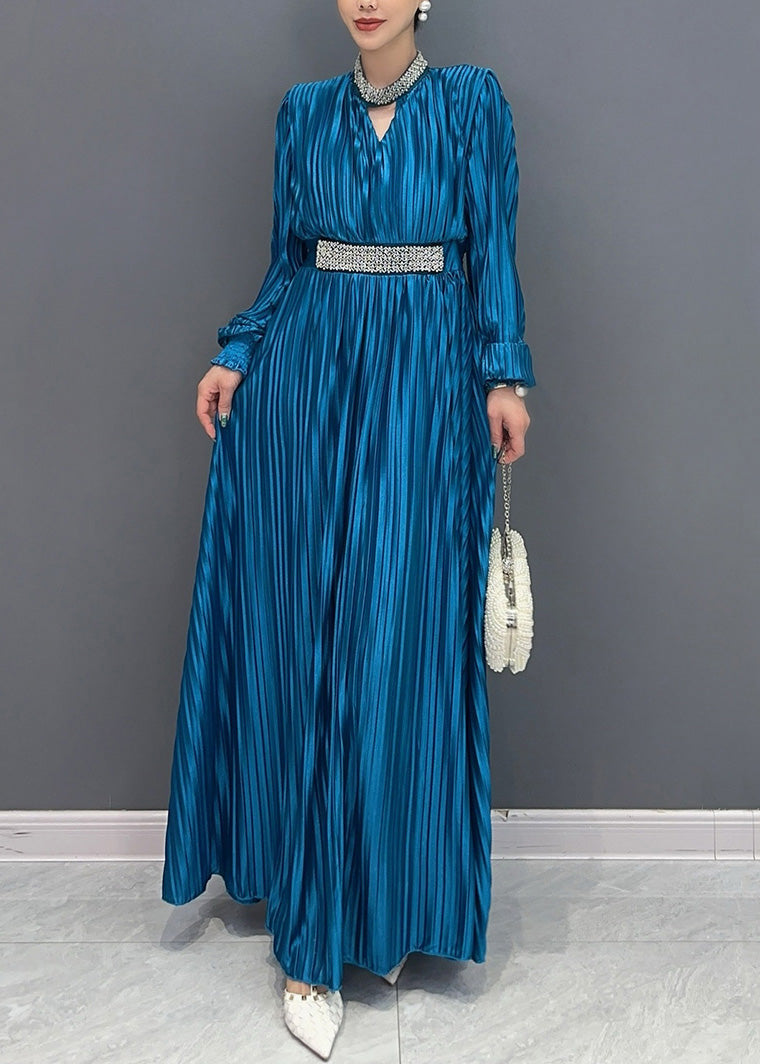 Elegant Blue V Neck Wrinkled Maxi Dress Long Sleeve