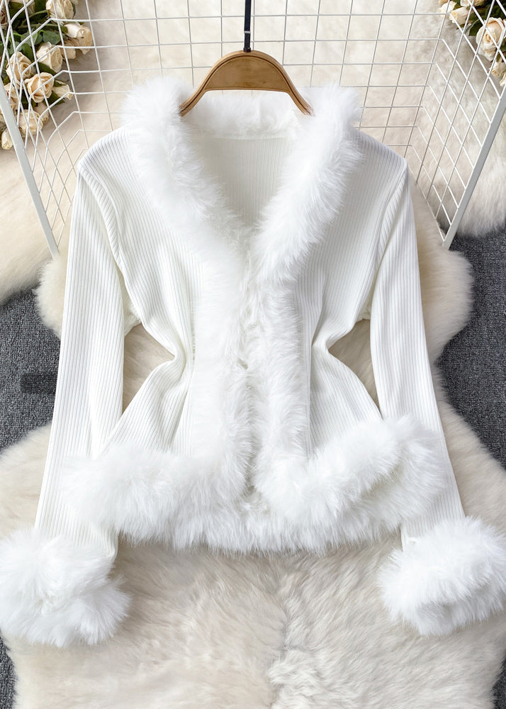 Elegant Brown Fur Collar Patchwork Cotton Knit Sweater Flare Sleeve