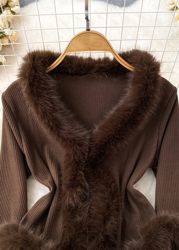 Elegant Brown Fur Collar Patchwork Cotton Knit Sweater Flare Sleeve