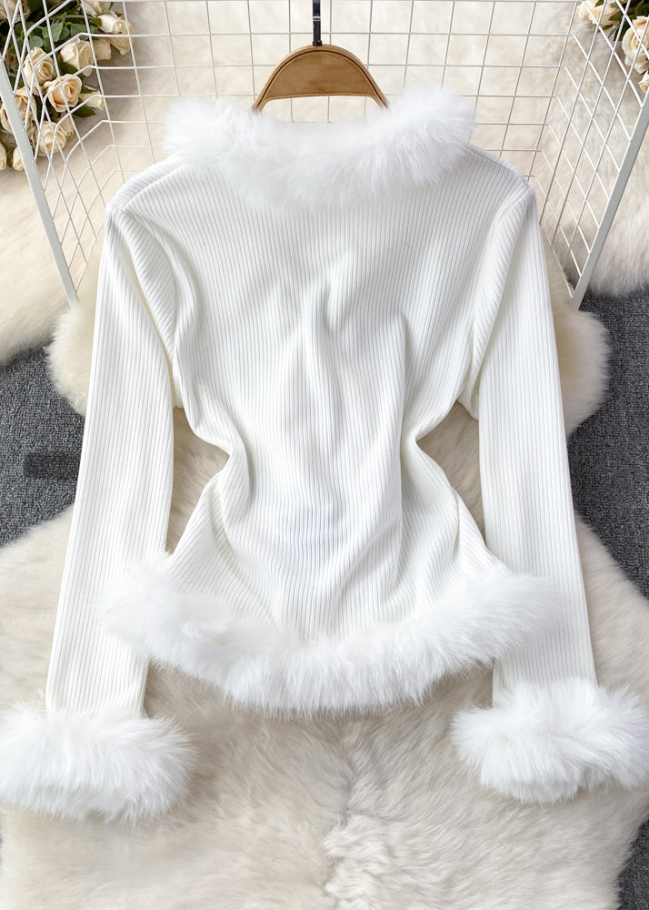 Elegant Brown Fur Collar Patchwork Cotton Knit Sweater Flare Sleeve