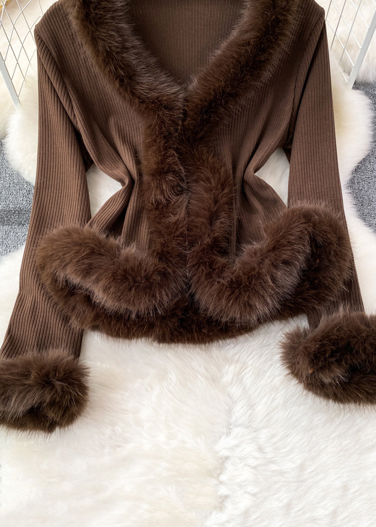 Elegant Brown Fur Collar Patchwork Cotton Knit Sweater Flare Sleeve