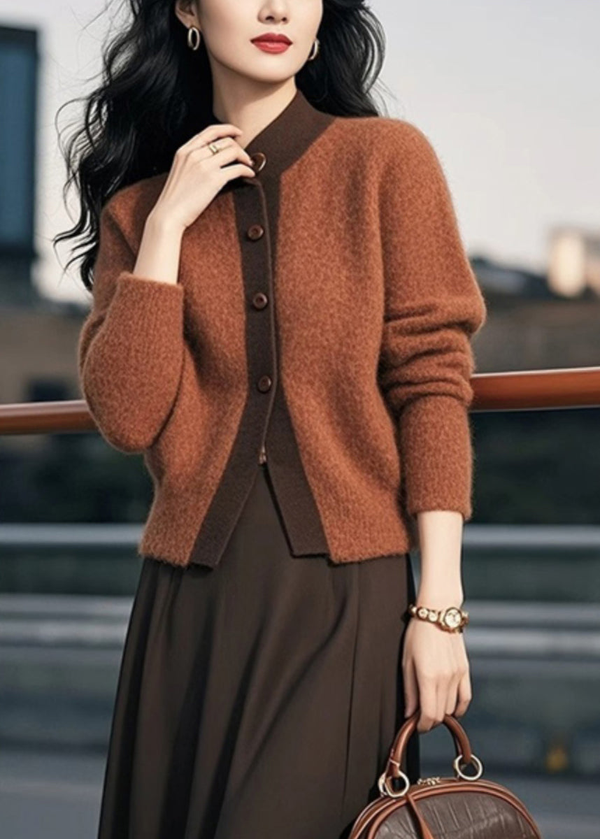 Elegant Brown Stand Collar Button Patchwork Knit Cardigans Spring