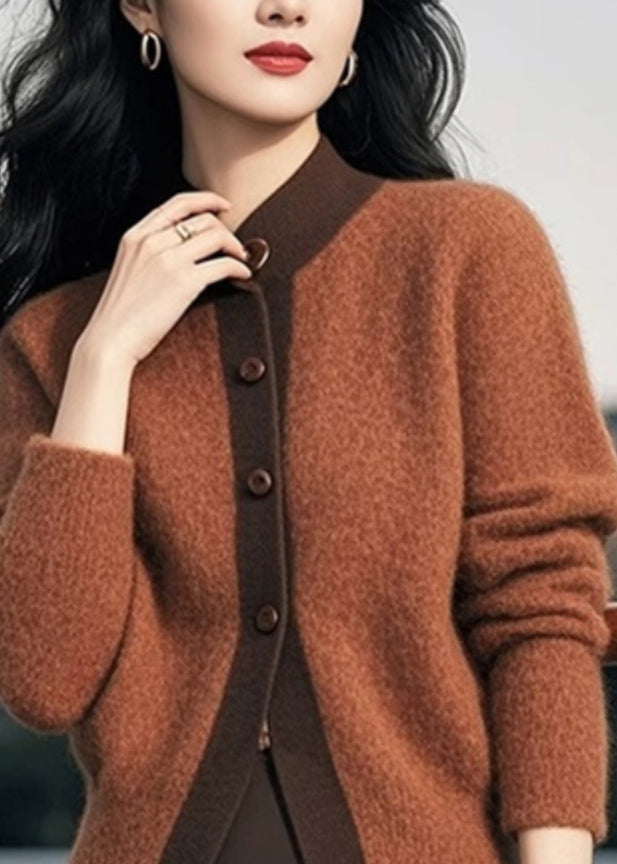 Elegant Brown Stand Collar Button Patchwork Knit Cardigans Spring