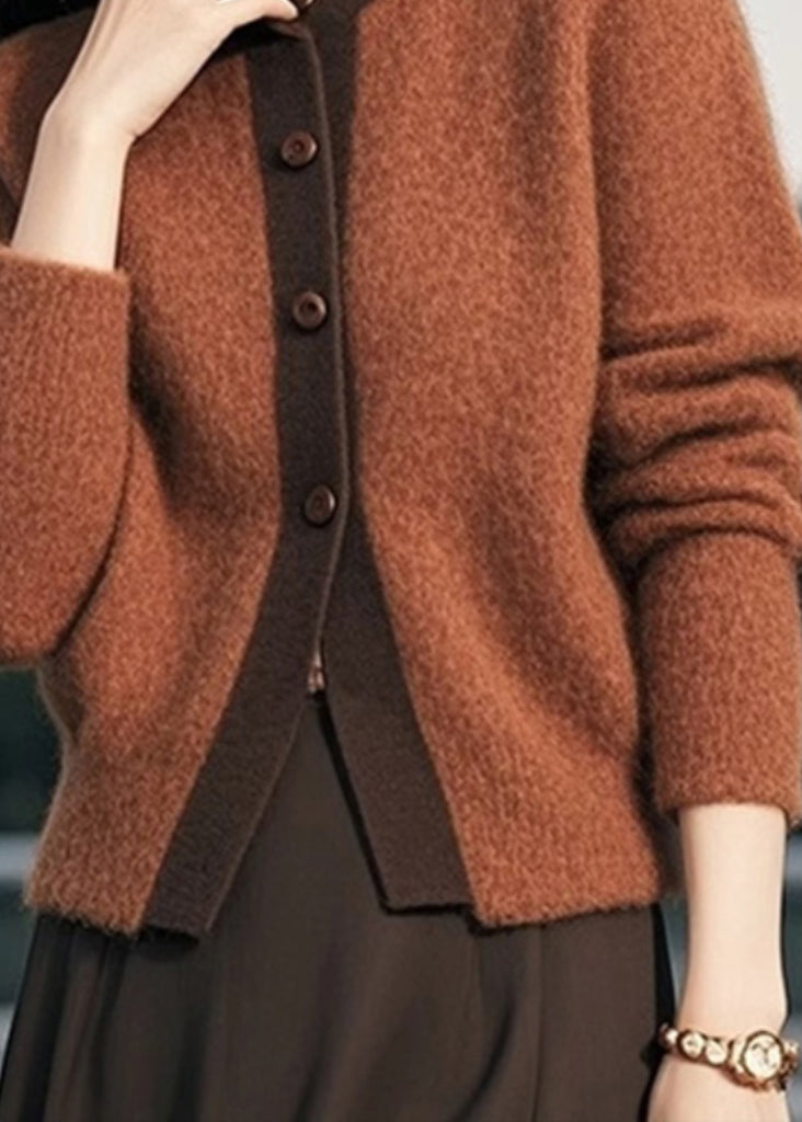 Elegant Brown Stand Collar Button Patchwork Knit Cardigans Spring