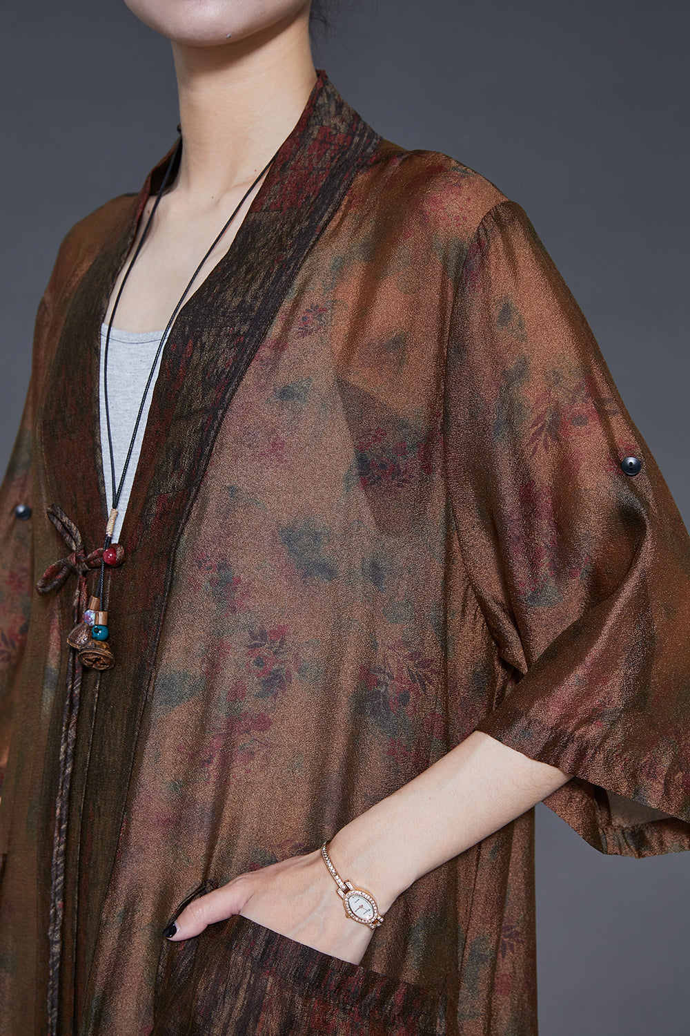 Elegant Brown Tasseled Tie Dye Silk Cardigans Summer