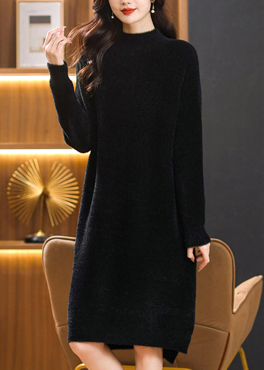 Elegant Caramel Hign Neck Mink Hair Knitwear Sweaters Dress Spring