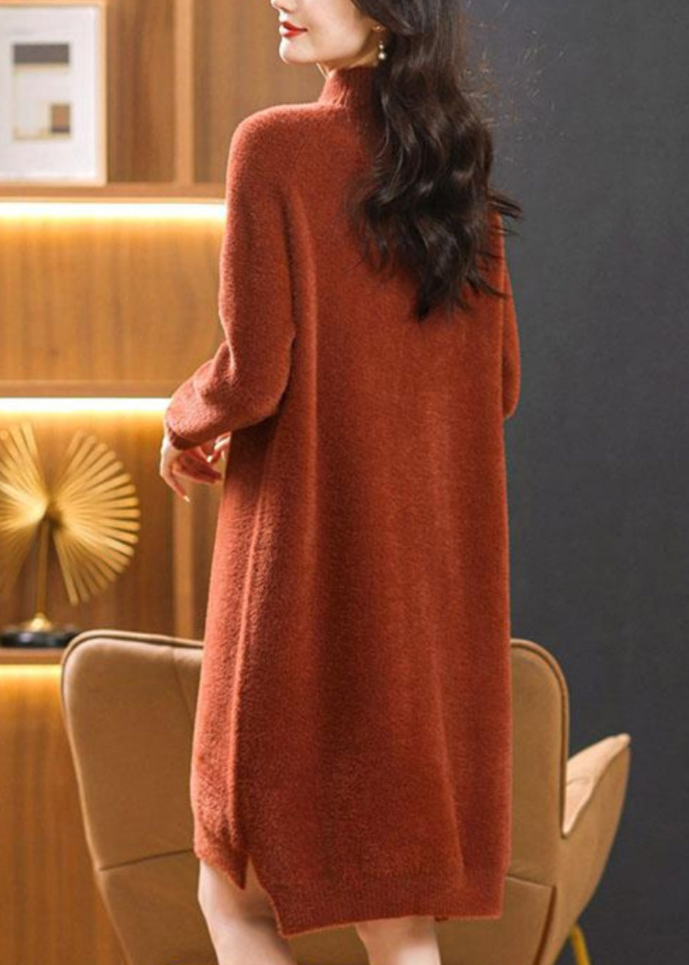 Elegant Caramel Hign Neck Mink Hair Knitwear Sweaters Dress Spring