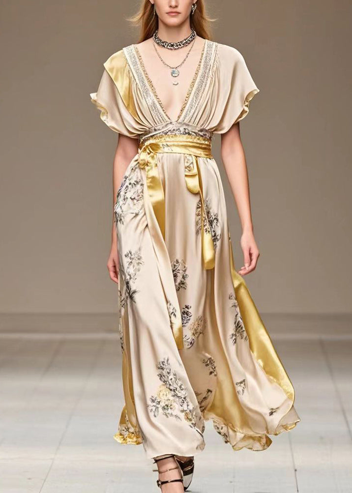 Elegant Champagne Cinched Patchwork Print Silk Robe Dresses Summer