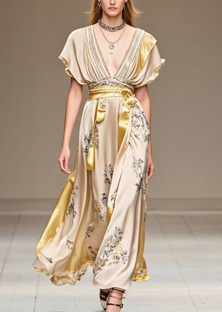 Elegant Champagne Cinched Patchwork Print Silk Robe Dresses Summer