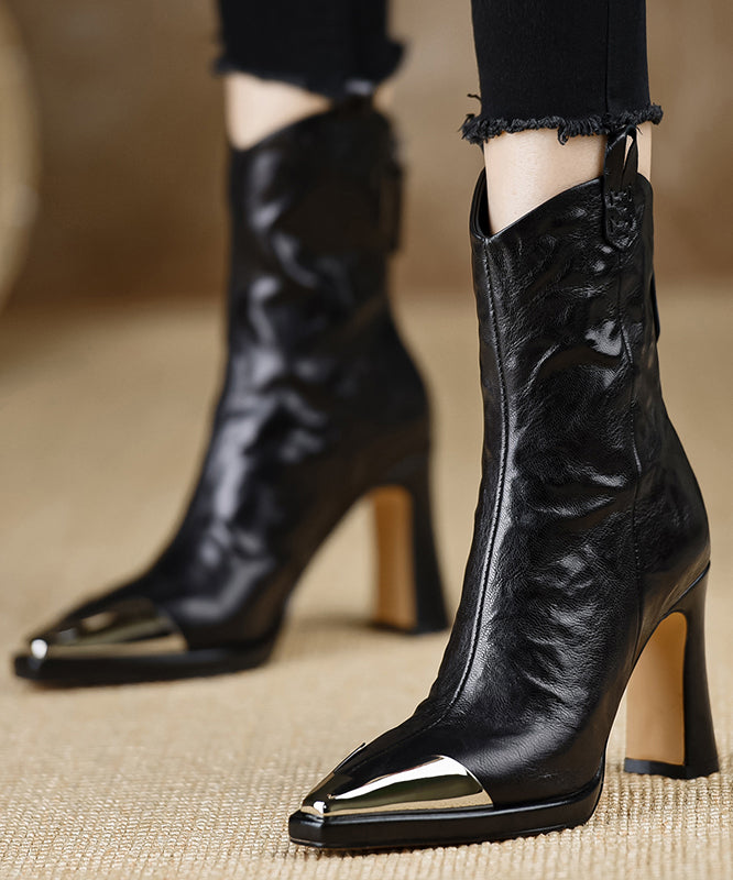 Elegant Chunky Heel Boots Black Sheepskin Pointed Toe