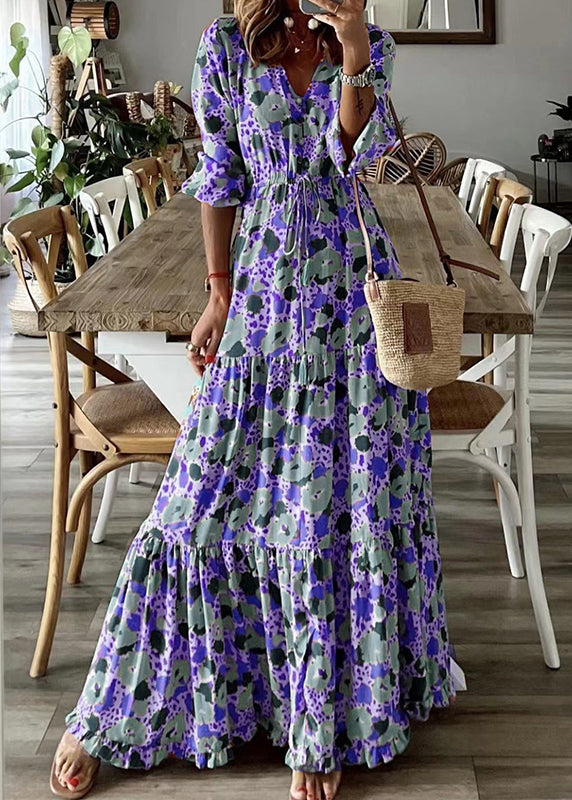 Elegant Cinched Print Exra Large Hem Cotton Ankle Dress Summer