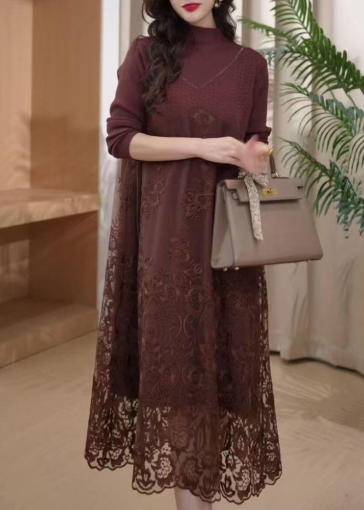 Elegant Coffee Embroidered Patchwork Knit Long Dress Winter