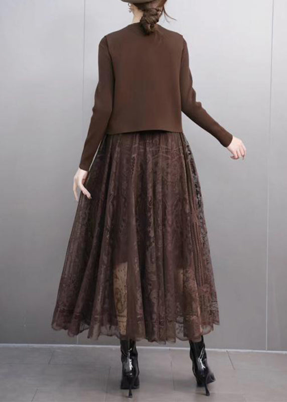 Elegant Coffee O-Neck Waistcoat And Lace Maxi Skirts Two Pieces Set Spring