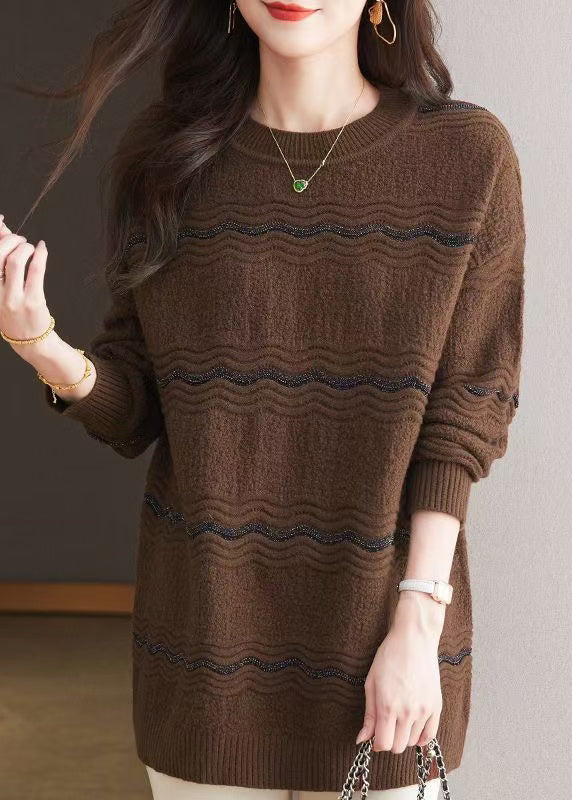 Elegant Coffee O Neck Woolen Mid Sweater Spring