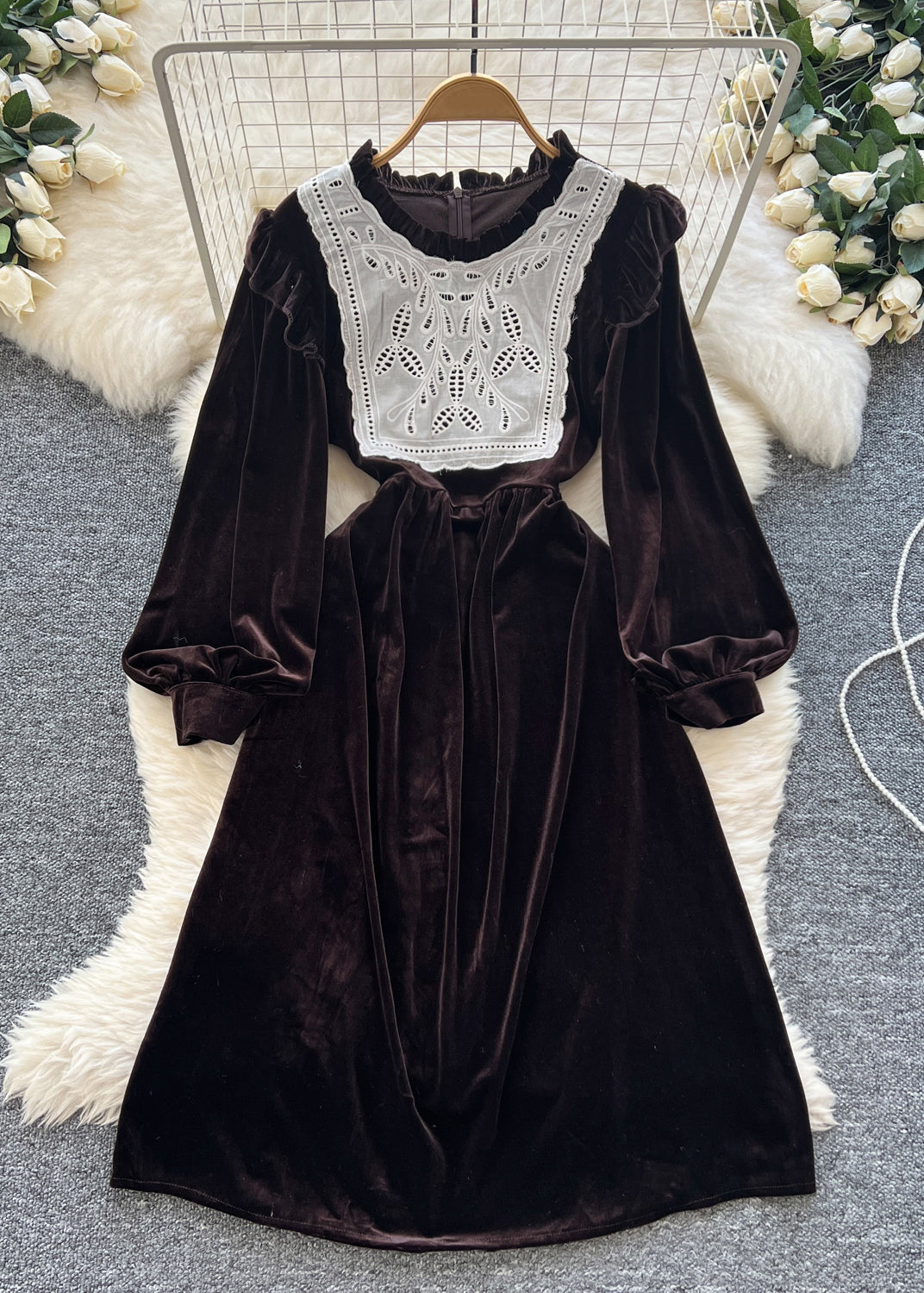 Elegant Coffee Zippered Patchwork Velour Long Dresses Winter