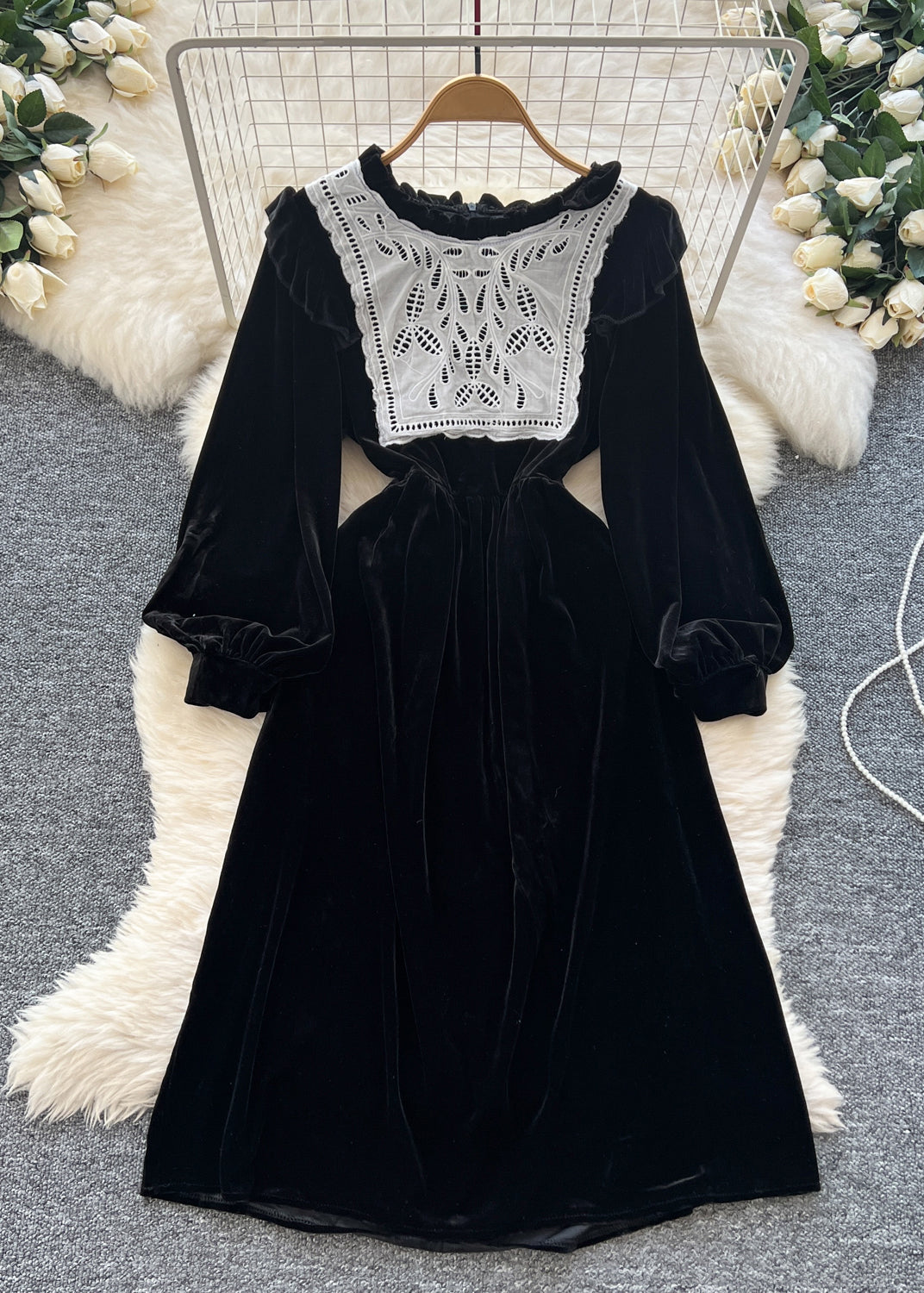 Elegant Coffee Zippered Patchwork Velour Long Dresses Winter