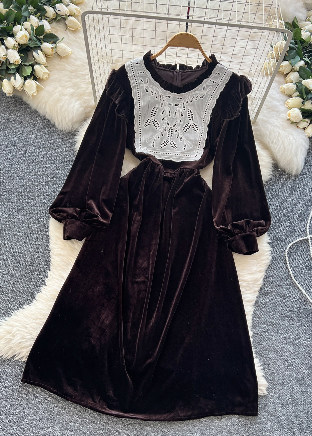 Elegant Coffee Zippered Patchwork Velour Long Dresses Winter