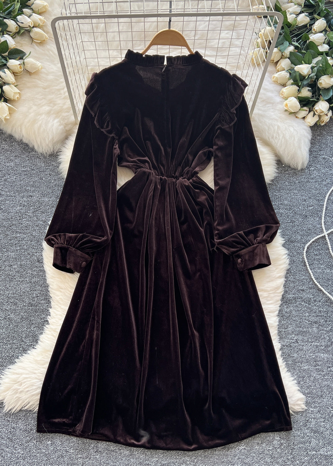 Elegant Coffee Zippered Patchwork Velour Long Dresses Winter