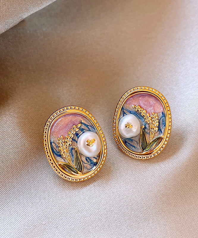 Elegant Gold Copper Alloy Pearl Enamel Stud Earrings