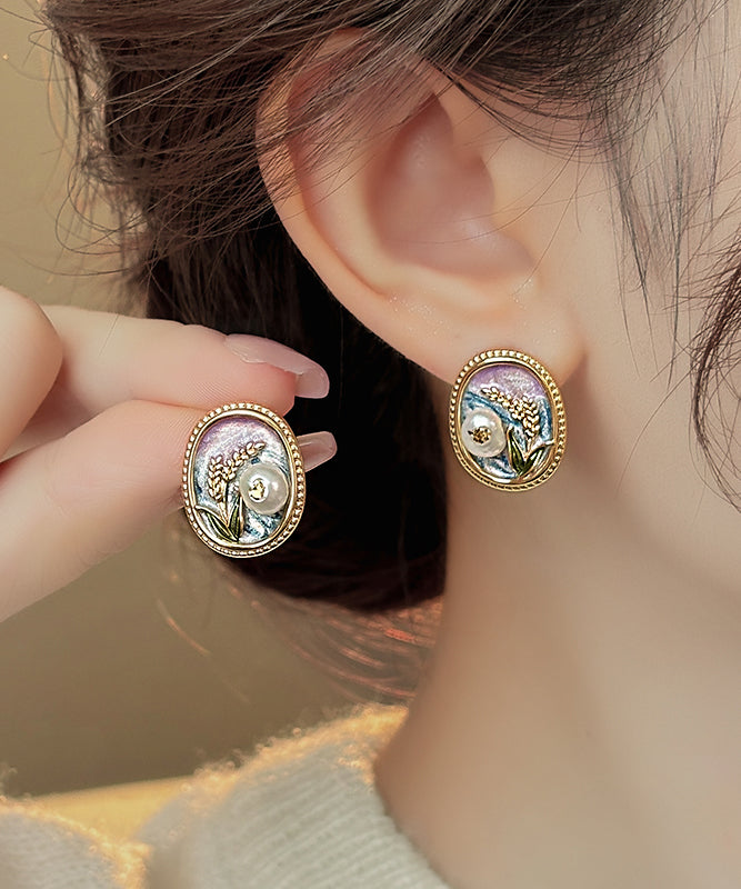 Elegant Gold Copper Alloy Pearl Enamel Stud Earrings