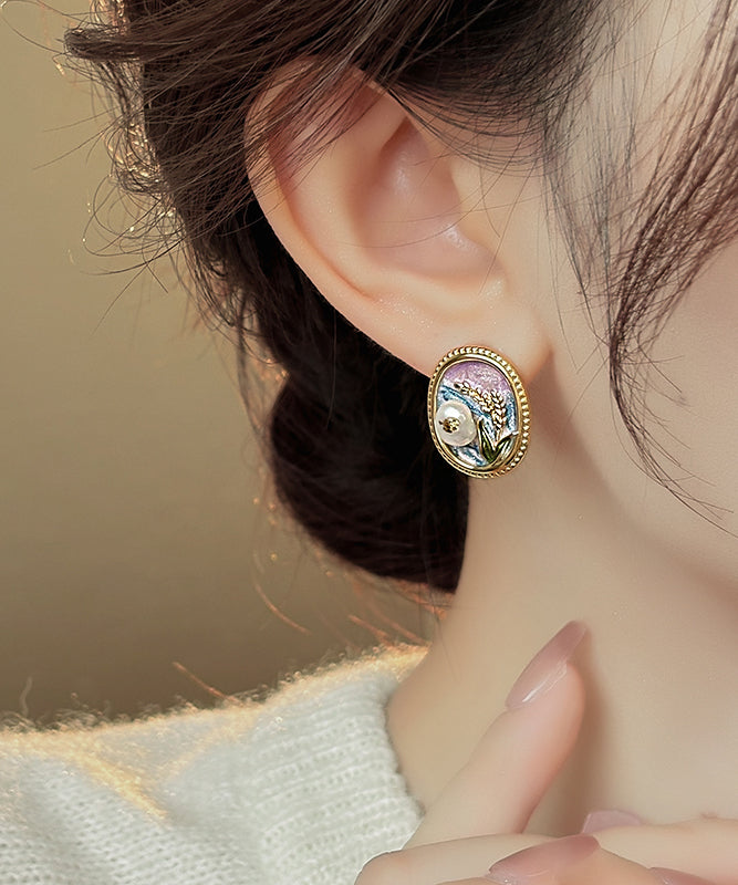 Elegant Gold Copper Alloy Pearl Enamel Stud Earrings