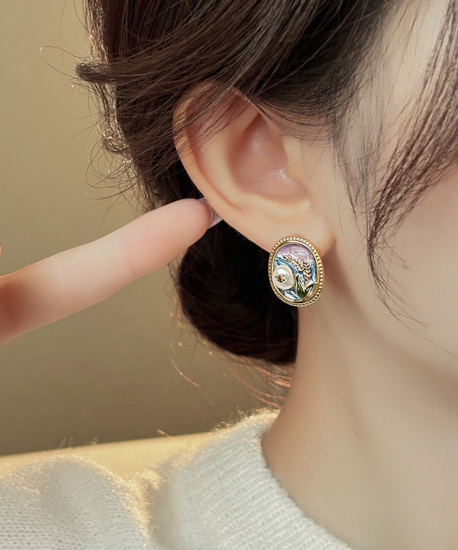 Elegant Gold Copper Alloy Pearl Enamel Stud Earrings