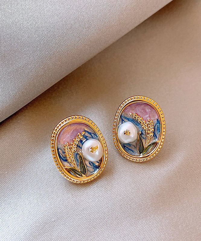 Elegant Gold Copper Alloy Pearl Enamel Stud Earrings