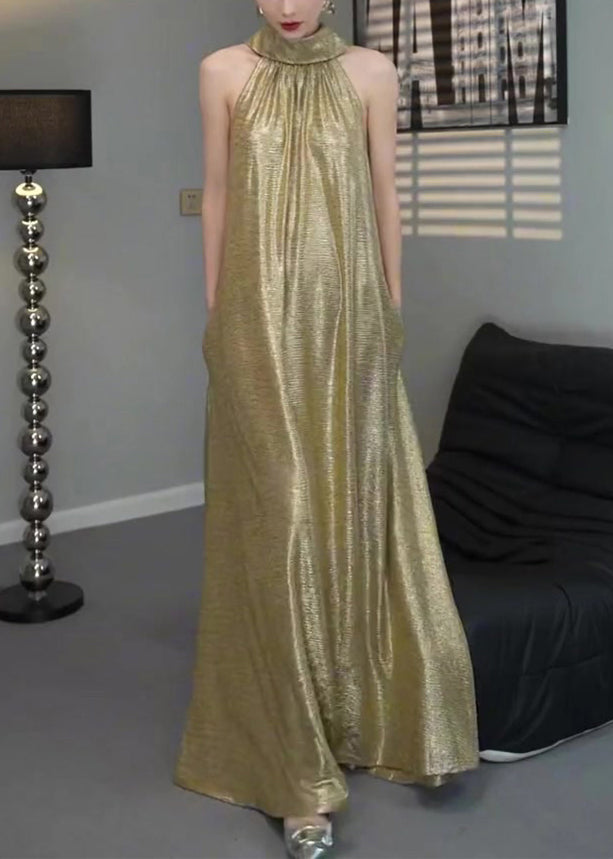 Elegant Gold Halter Wrinkled Long Dress Sleeveless